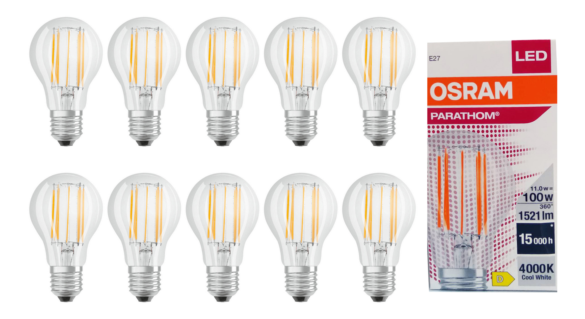 

Лампочка светодиодная OSRAM Груша прозрачная 11W=100W 220V E27 PARATHOM 1521Лм 4000K 10шт, Груша прозр. 11W=100W 220V E27 PARATHOM 1521Лм Филамент 4000K