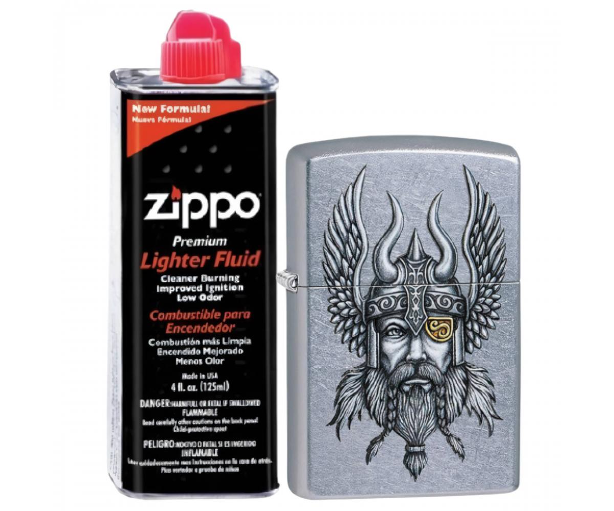 

Бензиновая зажигалка ZIPPO 29871 Viking Street Chrome + бензин Zippo 125 мл 29871-3141, Серебристый