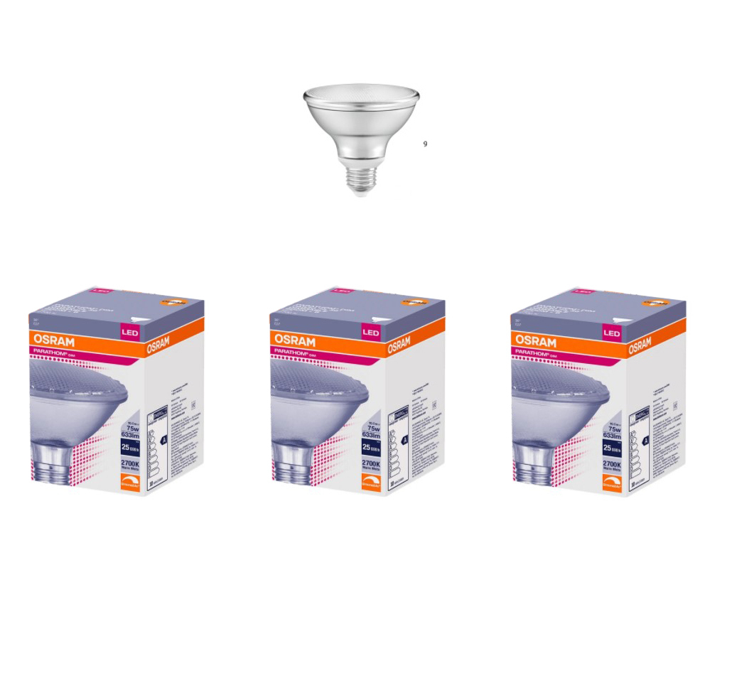 

Лампочка светодиодная OSRAM PAR30 E27 10Вт 220В 633Лм 2700К Теплый белый Диммируемая 3шт, Софит PAR30 E27 10Вт 220В 633Лм 2700К Диммируемая