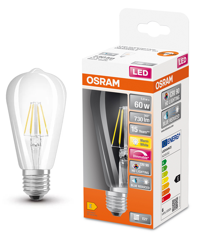 

Лампочка светодиодная Osram 5,8W=60W 220V E27 Капля прозрач ST64 Лм Филаментная 2700K 1шт, 5,8W=60W 220V E27 Капля прозр. ST64 Лм Филамент 2700K