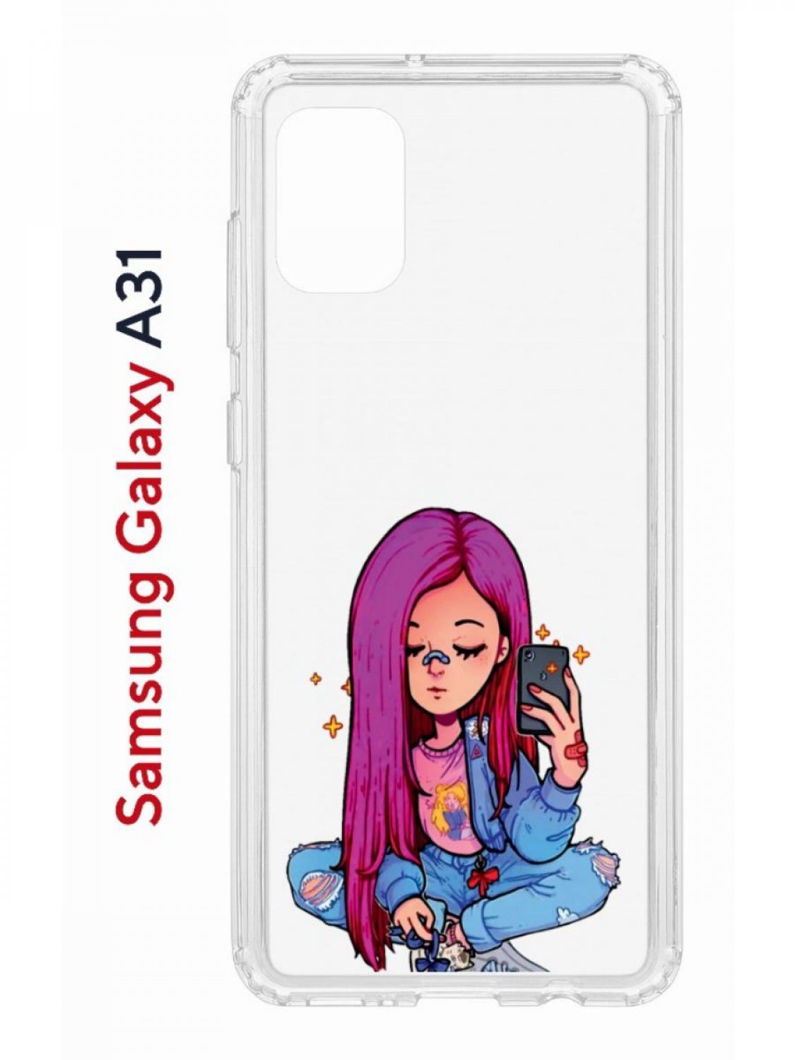 

Чехол на Samsung A31 Kruche Print Pink Hair, противоударный бампер, с защитой камеры, Прозрачный;розовый;голубой;бежевый, Самсунг Галакси А31