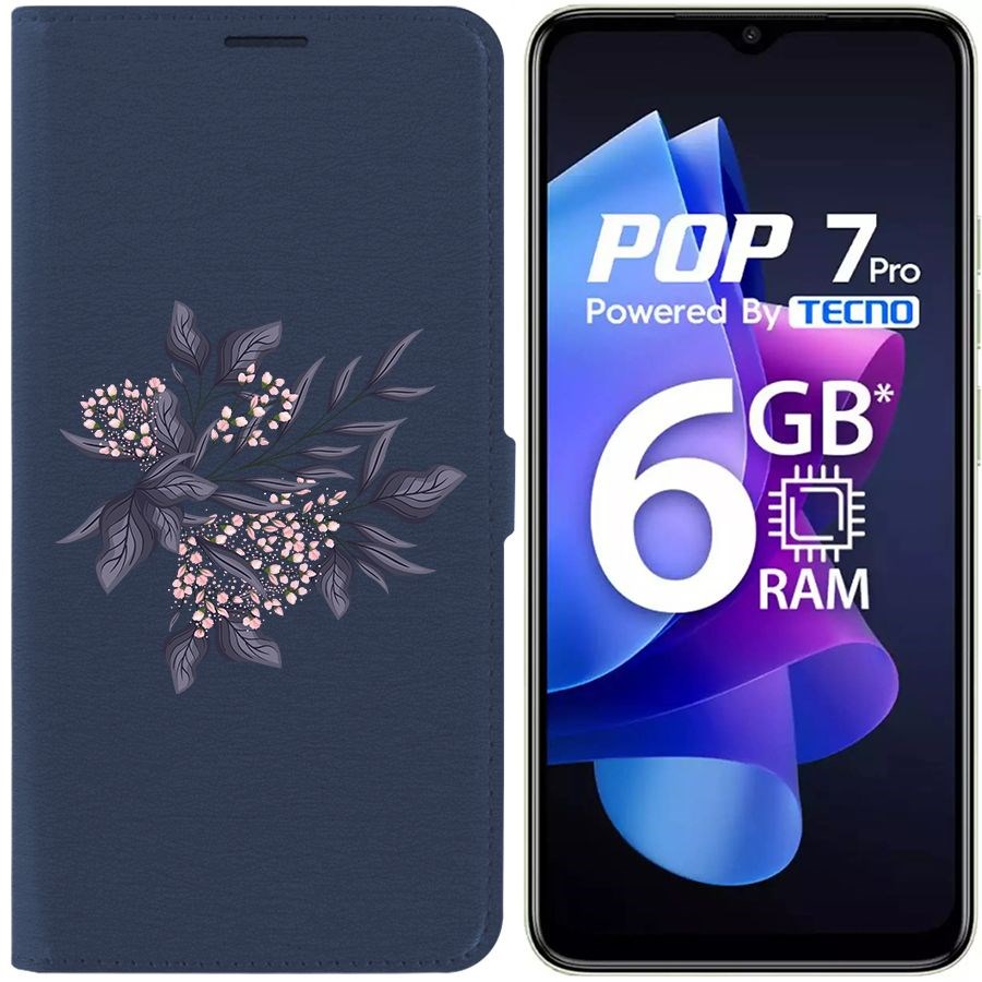 

Чехол-книжка Eco Book для Tecno Pop 7 Pro Розовые бутоны, Синий