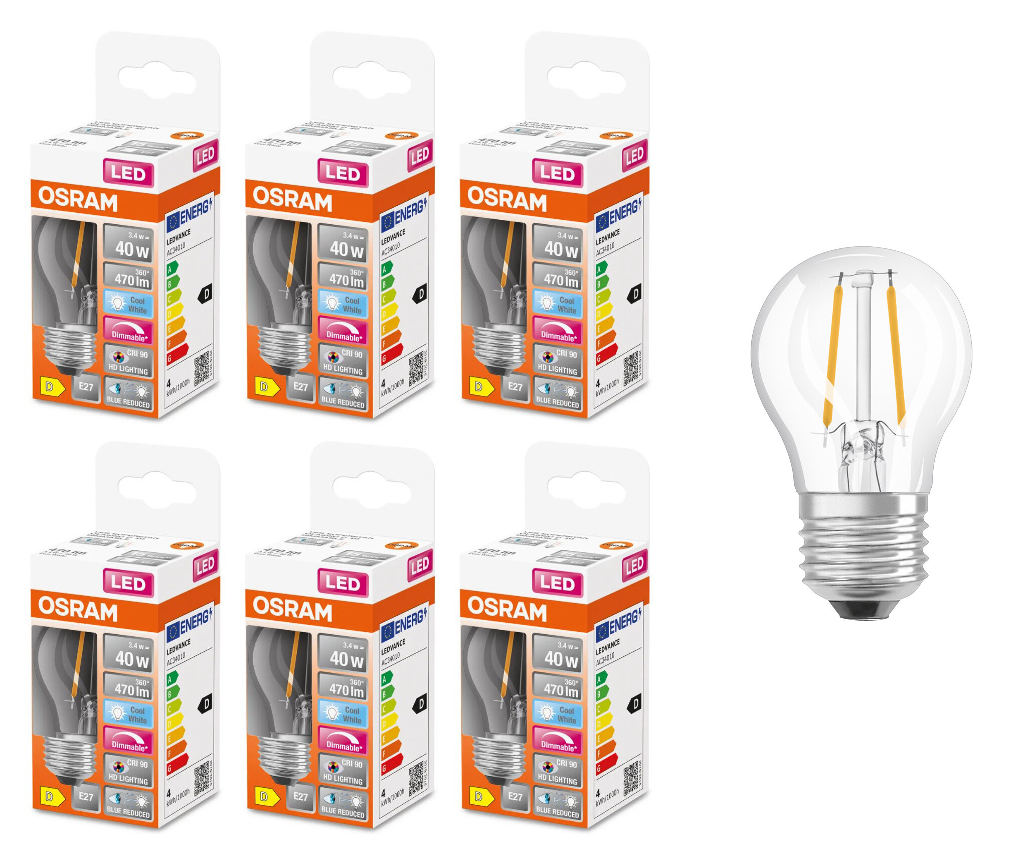 

Лампочка светодиодная Osram 3.4W=40W 220V E27 Шарик прозрачный G45 470Лм 4000K, упак. 6шт, 3.4W=40W 220V E27 Шарик прозрачный G45 470Лм Диммируемая Филамент 4000K