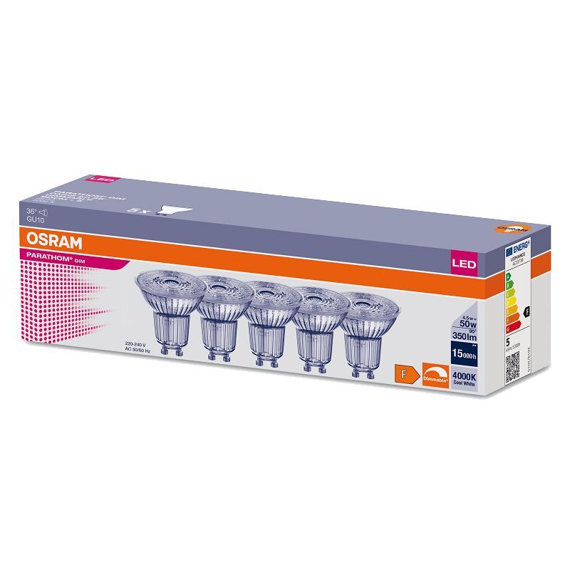 

Лампа светодиодная OSRAM 4.5Вт 220В GU10 PAR16 350Лм 4000К дневной белый 5шт/уп, упак. 1шт, Софит 4.5Вт 220В GU10 PAR16 350Лм 4000К Диммируемая Экопак 5шт/уп