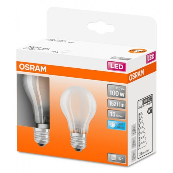 

Лампочка светодиодная OSRAM A E27 10Вт 220В 1521Лм 4000К Дневной белый (2шт/уп), упак. 1шт, Экопак Груша A E27 10Вт 220В 1521Лм 4000К Филамент