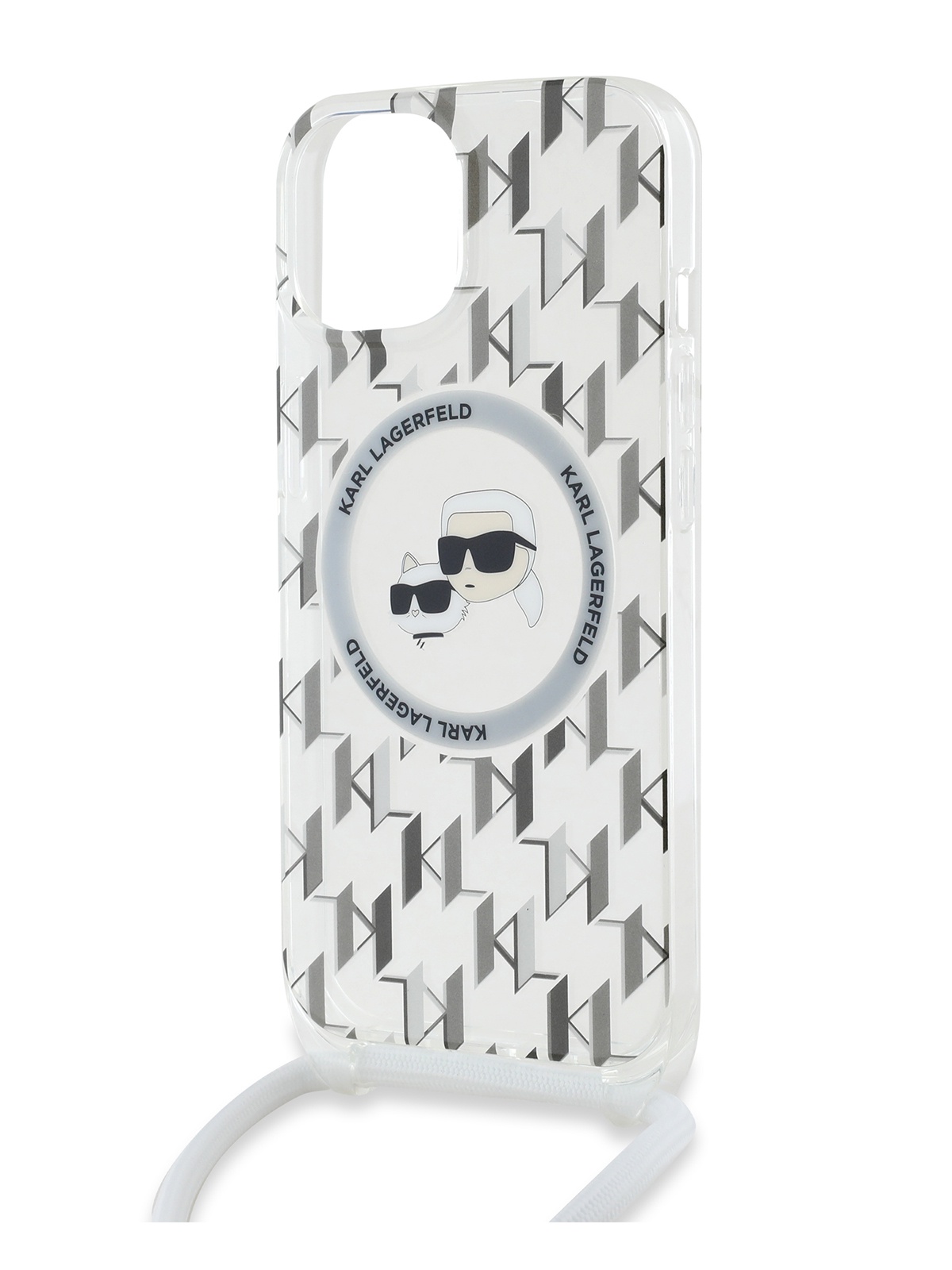 

Чехол Karl Lagerfeld для iPhone 15 с MagSafe и нейлоновым шнурком, прозрачный