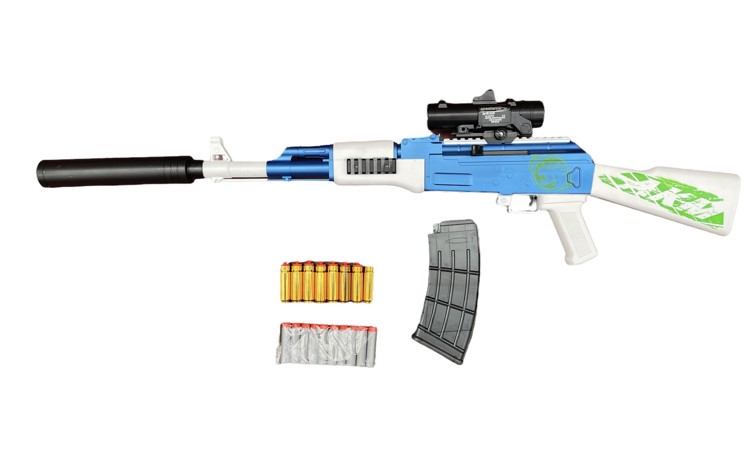 Детский Автомат игрушечный-бластер Калашникова RASULEV АКМ BLUE с глушителем, 92 см автомат игрушечный zhenglezuan м416 стреляет мягкими пулями пулемет с глушителем 111508