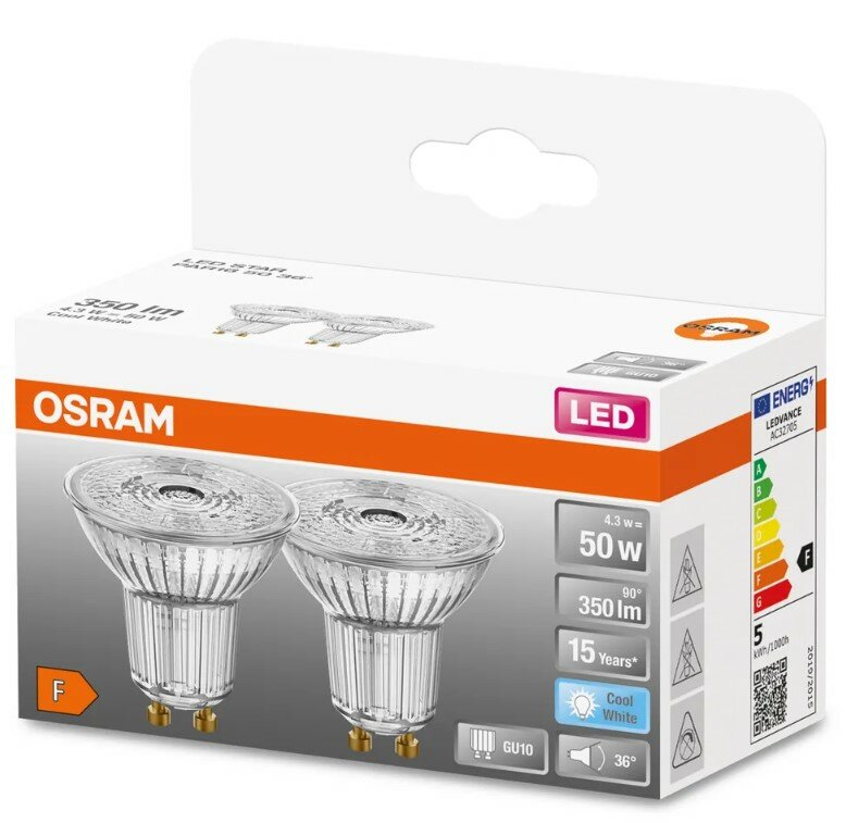 

Лампочка светодиодная OSRAM PAR16 GU10 4,3Вт 220В 350Лм 4000К Днев белый(2шт/уп) упак. 1шт, Экопак Софит PAR16 GU10 4,3Вт 220В 350Лм 4000К