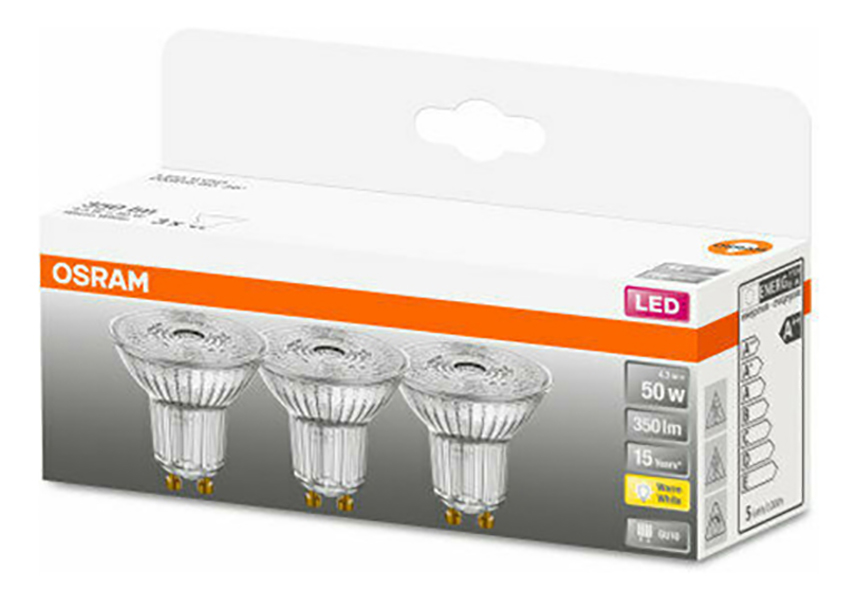 

Лампочка светодиодная OSRAM PAR16 GU10 4,3Вт 220В 350Лм 2700К Тепл белый(3шт/уп) упак. 1шт, Экопак Софит PAR16 GU10 4,3Вт 220В 350Лм 2700К