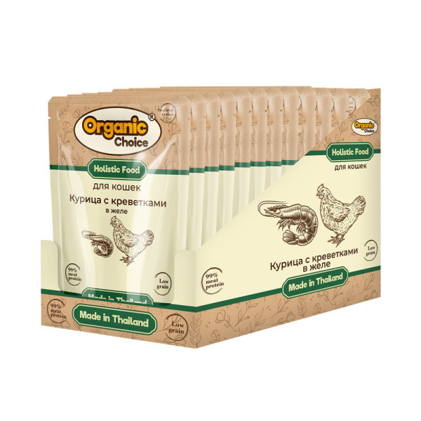 

Влажный корм для кошек Organic Сhoice Low Grain курица с креветками в желе 12 шт по 70 г