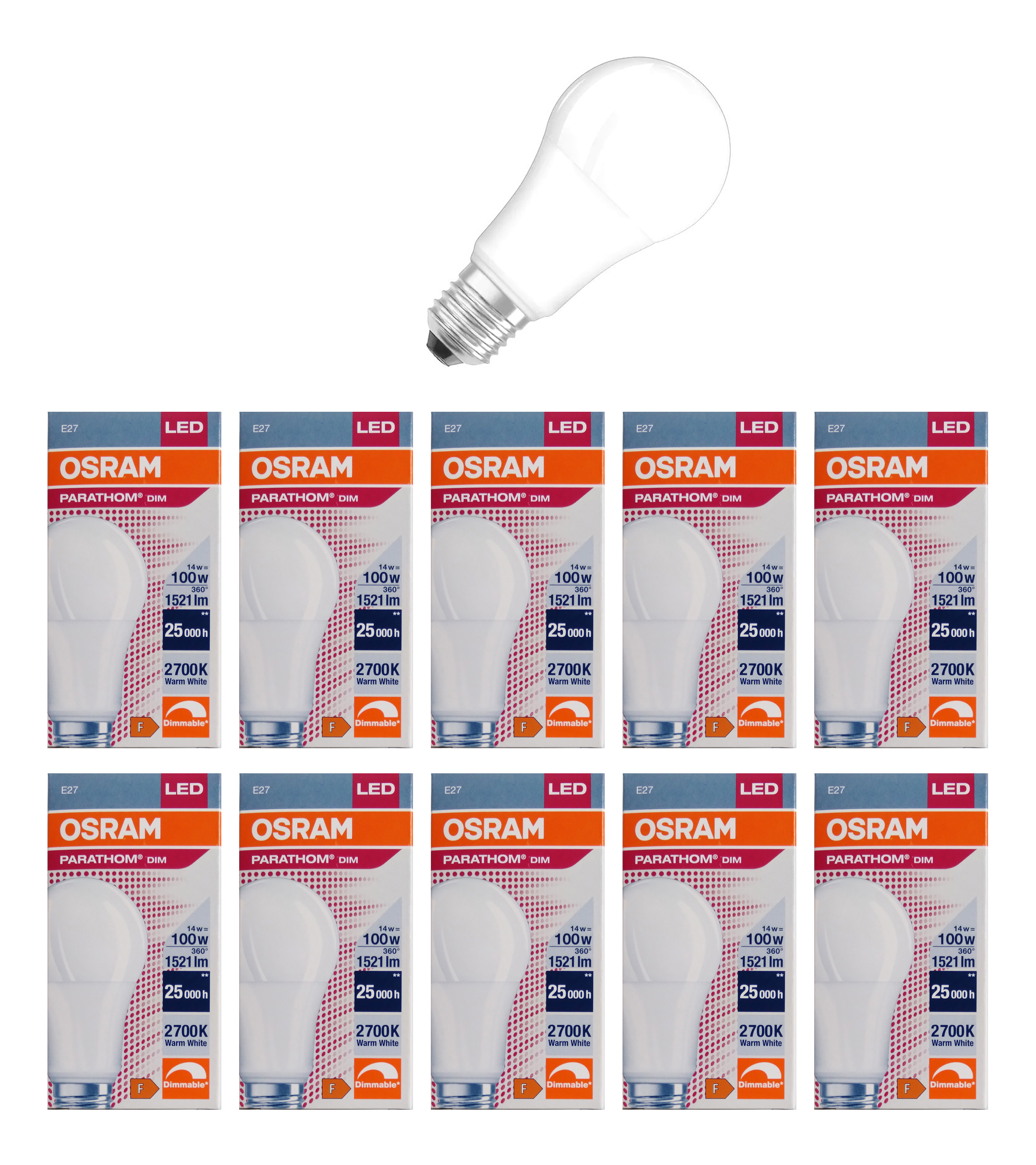 

Лампочка светодиодная OSRAM Груша A E27 13Вт 220В 1521Лм 2700К Тепл белый Диммируемая 10шт, Груша A E27 13Вт 220В 1521Лм 2700К Диммируемая