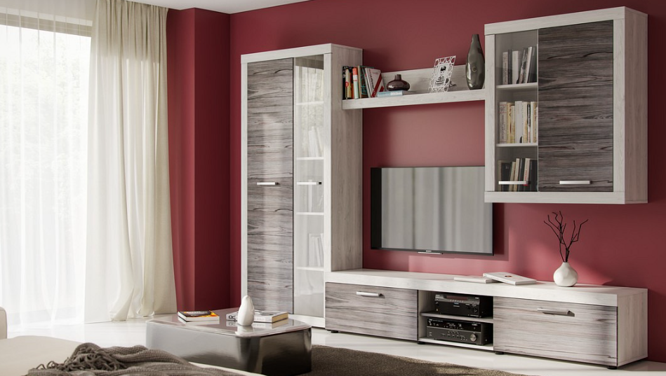 

Стенка для гостиной Black Red White Осло 300х40,5х197,5, сосна каньон/флитвуд серая лава, Осло