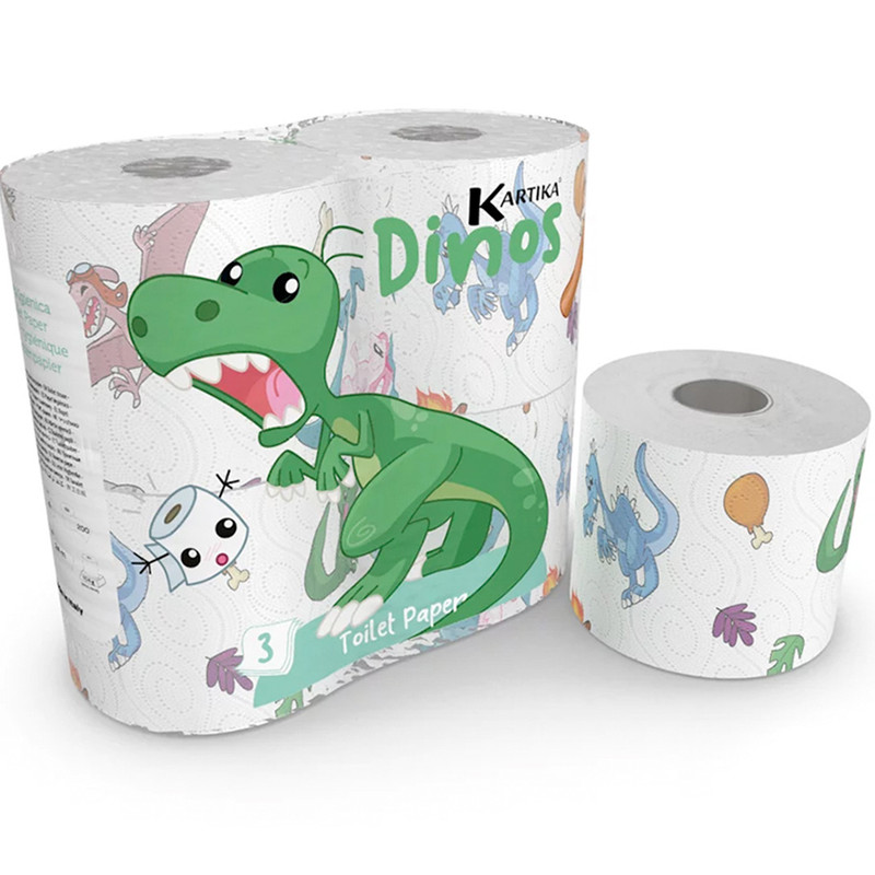 Туалетная бумага World Cart Динозавры с рисунком Kartika Collection 3 слоя 4 рул 200 л