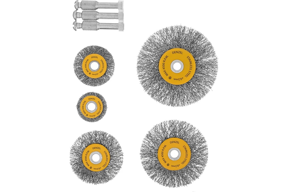 Набор щеток для дрели, 5 Плоских 25-38-50-63-75 мм, шпилька, нерж. вит. проволока// Denzel