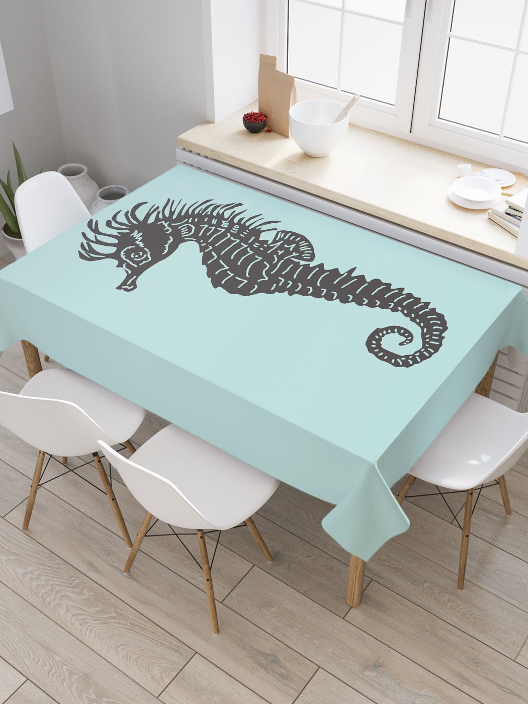 

Скатерть прямоугольная JoyArty "Графический морской конек" из сатена, 120x145 см, Голубой, Графический морской конек