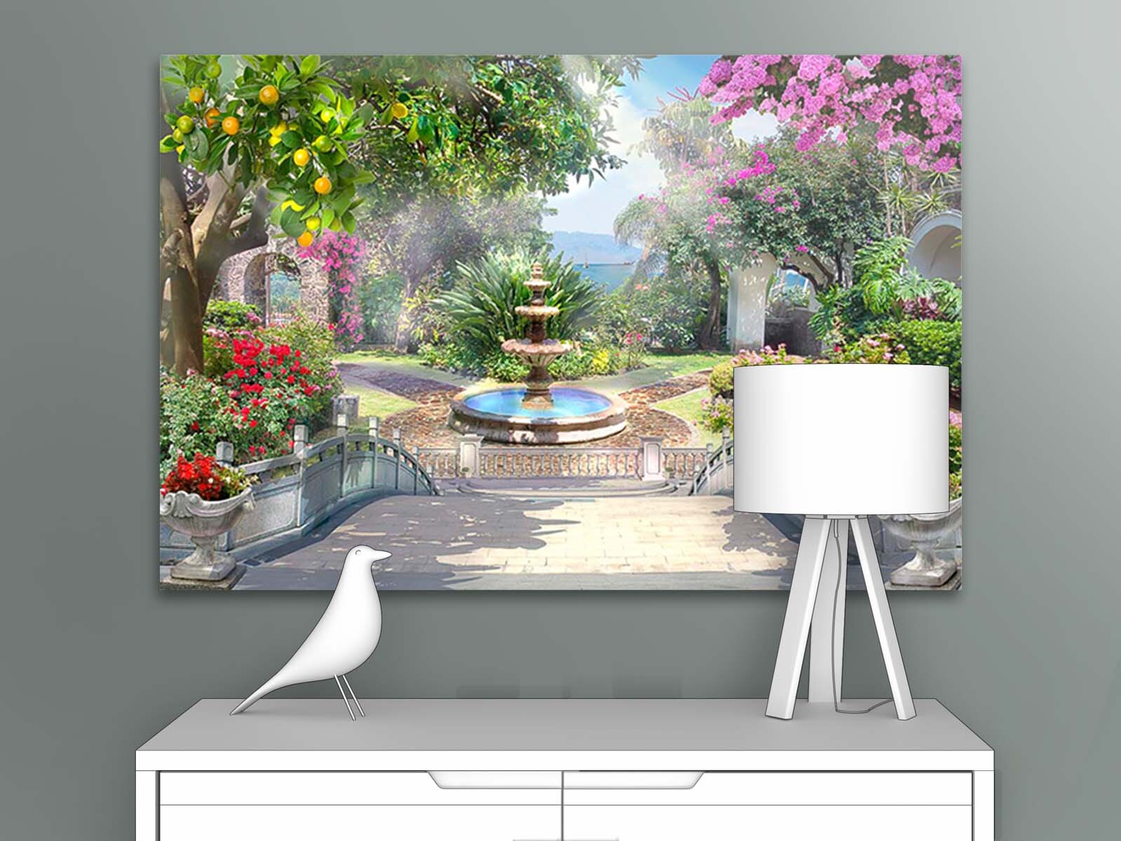 фото Картина на стену для интерьера первое ателье "сад с цветами и фонтаном" 115х77 см