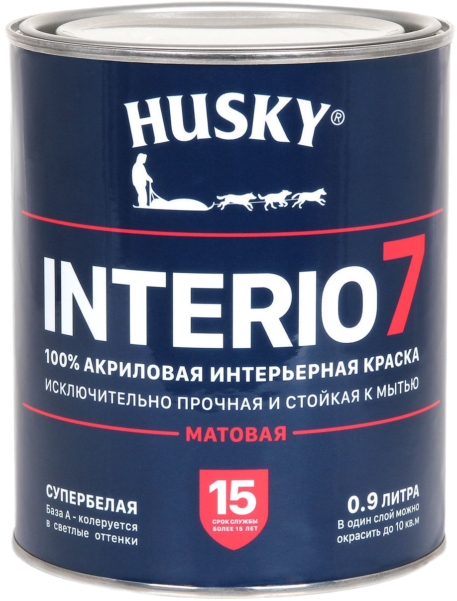 

Краска акриловая HUSKY Интерьерная Interio 7 матовая база А 0,9 л, Белый