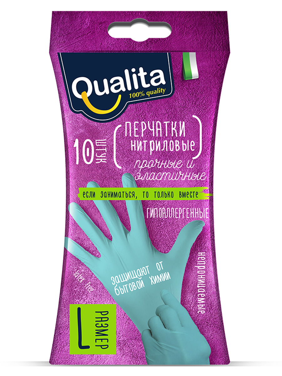 

Перчатки хозяйственные QUALITA нитриловые, размер M 10шт, 4600999010897
