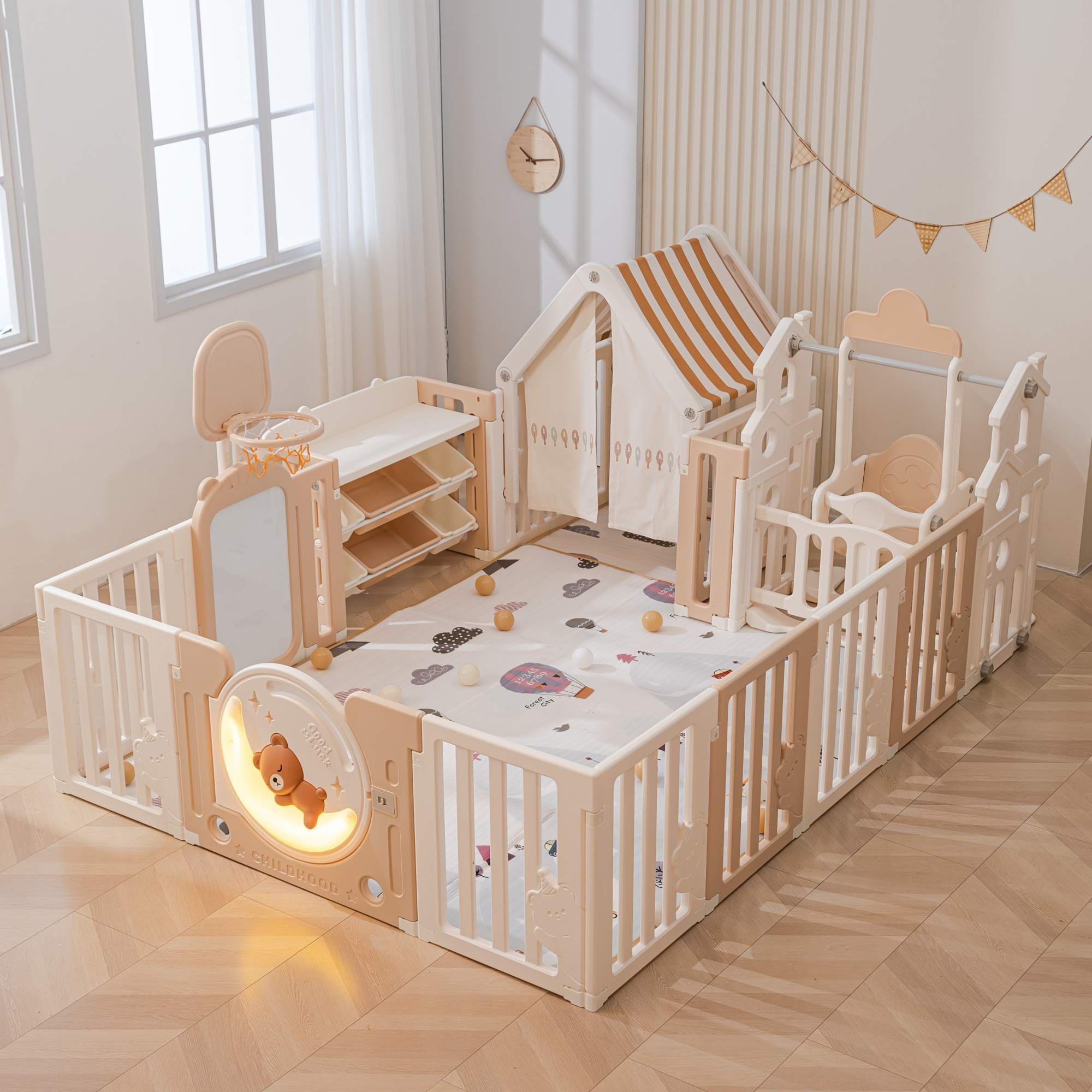 Манеж детский UNIX Kids DeLuxe House&Storage 180x200 домик, стеллаж, качели, 2 ковриками детский развивающий коврик smart baby дино 3в1 сухой бассейн манеж сумка jb0334024