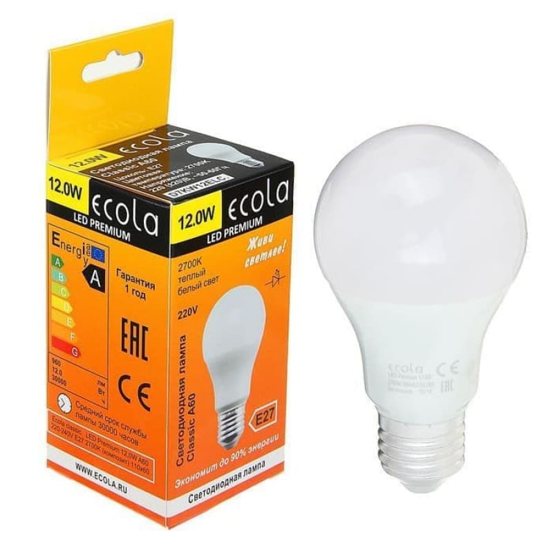 фото Лампа ecola classic led premium 12,0w a60 220-240v e27 2700k (композит) 106x60, d7kw12elc