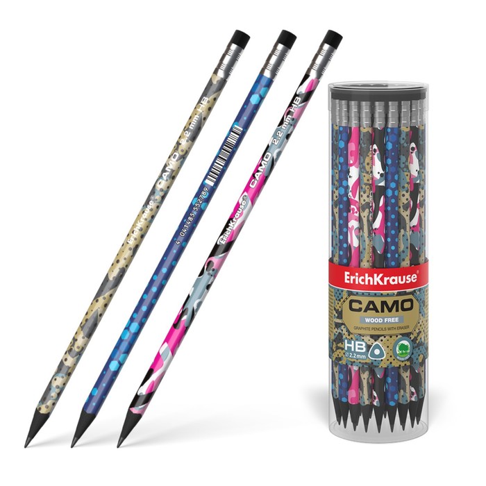 

Карандаш чернографитный с ластиком ErichKrause Camo, HB, грифель d= 2.2 мм, трёхгранный, к