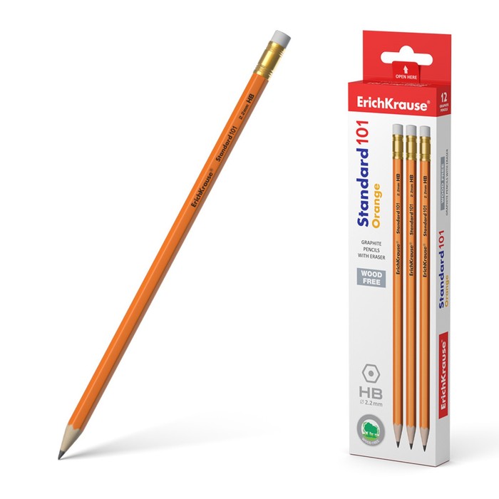 

Карандаш чернографитный с ластиком ErichKrause Standard 101 Orange, HB, грифель d= 2.2 мм,