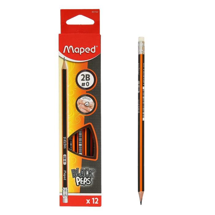 

Карандаш чернографитный Maped Black Peps 2В, деревянный, с ластиком, ударопрочный грифель