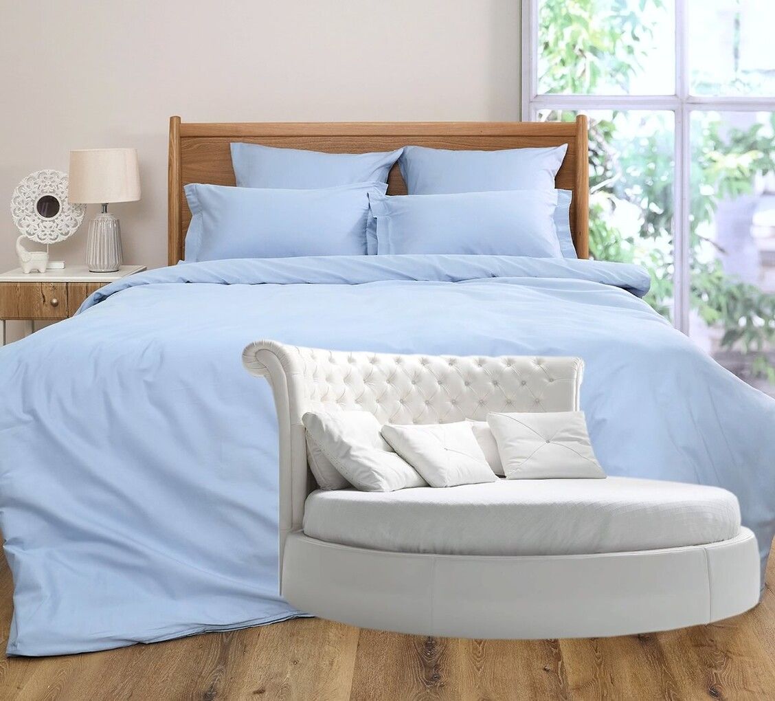 

Простыня Maktex круглая из сатина на резинке 230x230x40 Небесный глянцевая, круглая из сатина на резинке