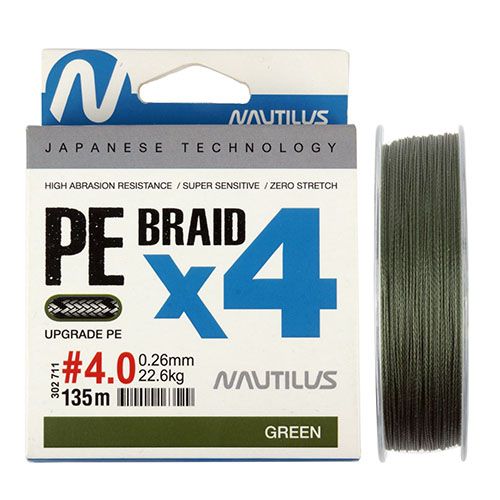 Шнур Nautilus BRAID X4 135м Green # 4.0 (0.26мм 22.6кг)