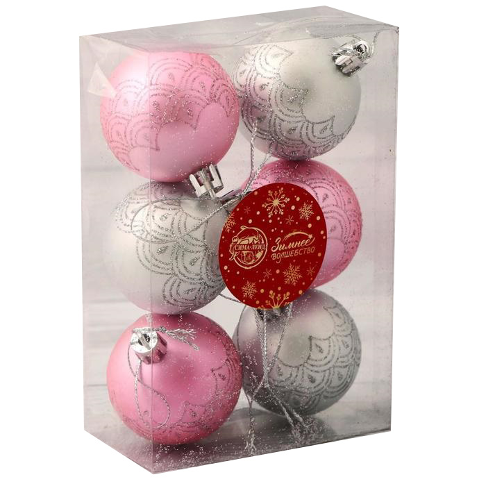 фото Набор шаров на ель новый год зимнее волшебство глэдис узоры серебристо-розовый 6 шт
