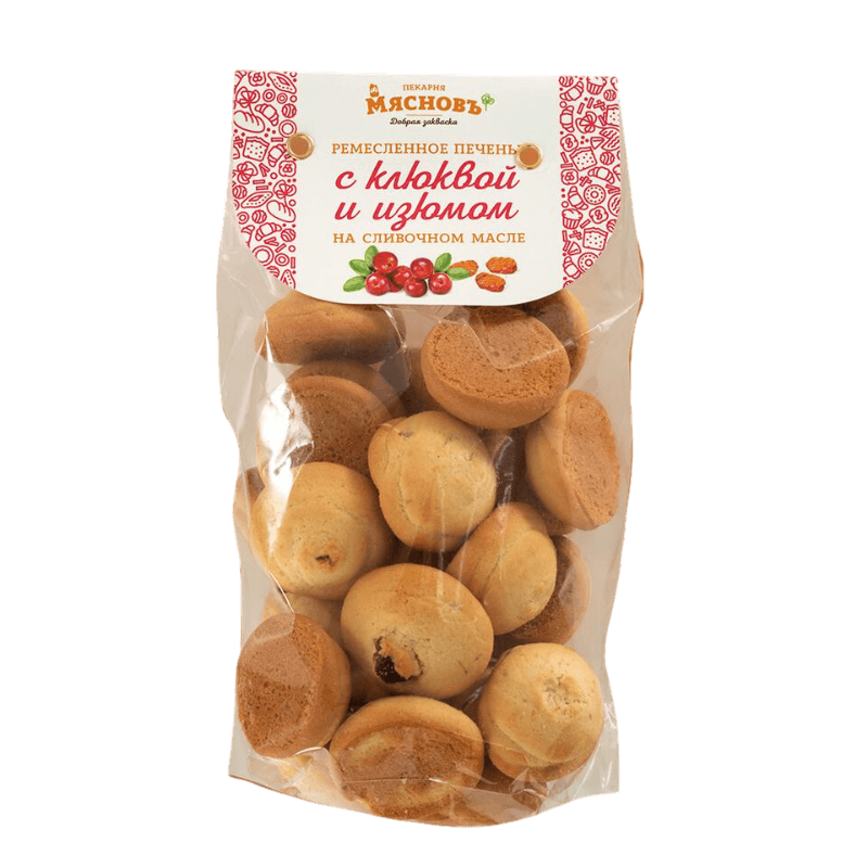 Печенье МясновЪ ПЕКАРНЯ Ремесленное песочное с клюквой и изюмом на сливочном масле 300 г 172₽