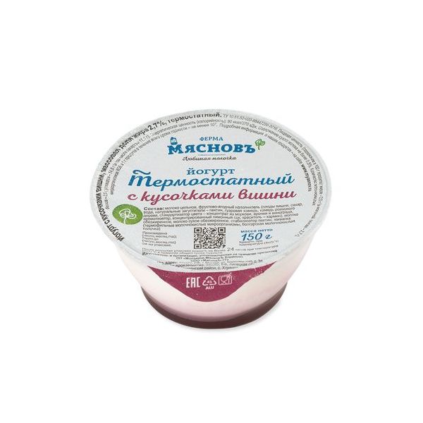 

Йогурт МясновЪ ФЕРМА термостатный с кусочками вишни 2,7% 150 г