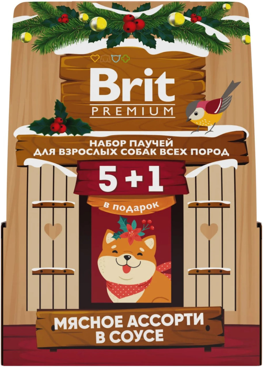 

Влажный корм для собак Brit Premium мясное ассорти в соусе, набор 5+1, 510г