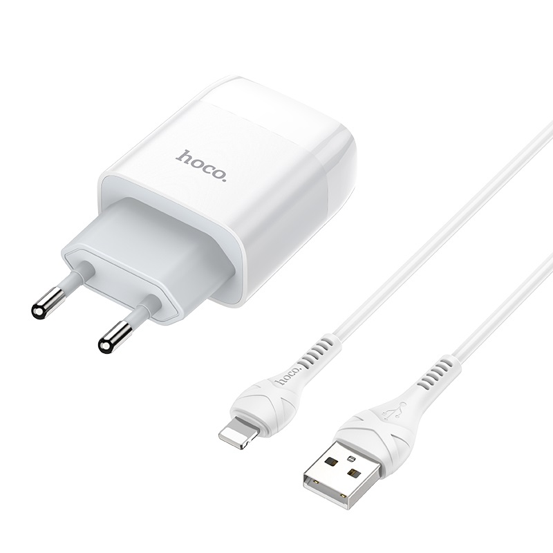 

Сетевое зарядное устройство Hoco C73A 2USB, 5V, 2.4A + кабель lightning, белый