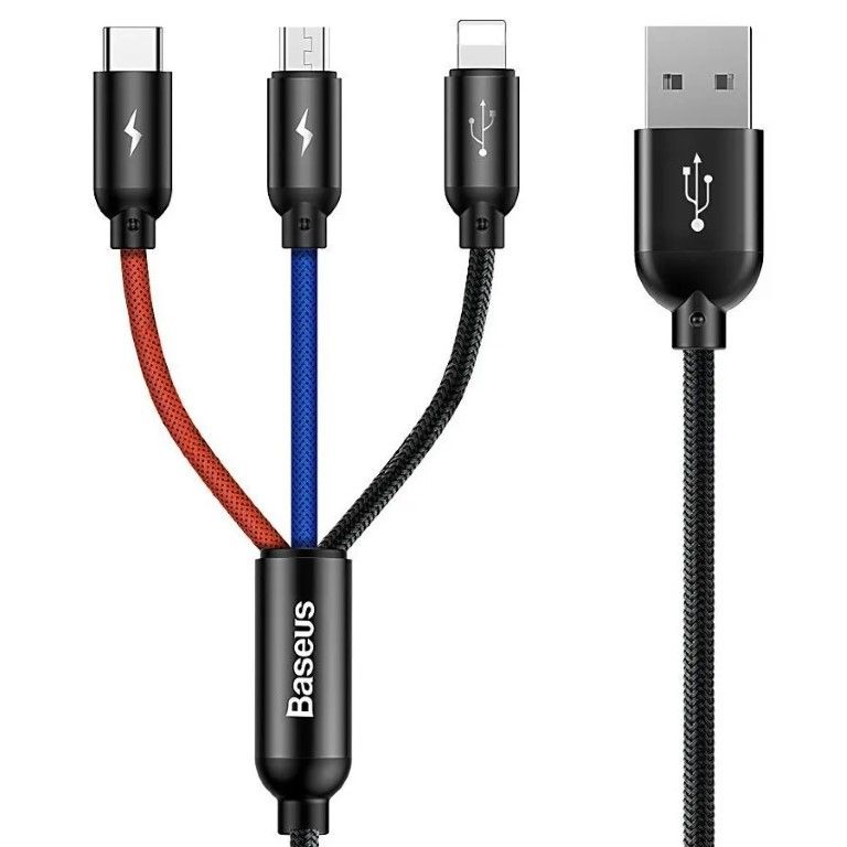 

Кабель Baseus 3 in 1 USB - Lightning/Type-C/Micro USB 3.5А, 0.3 м, черный (CAMLT-ASY01)