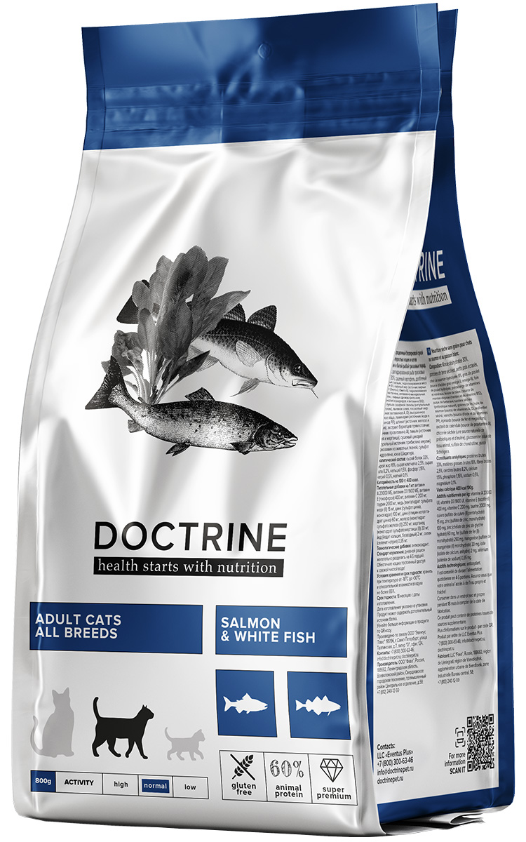 Сухой корм для кошек DOCTRINE, беззерновой, лосось, белая рыба, 2шт по 800г