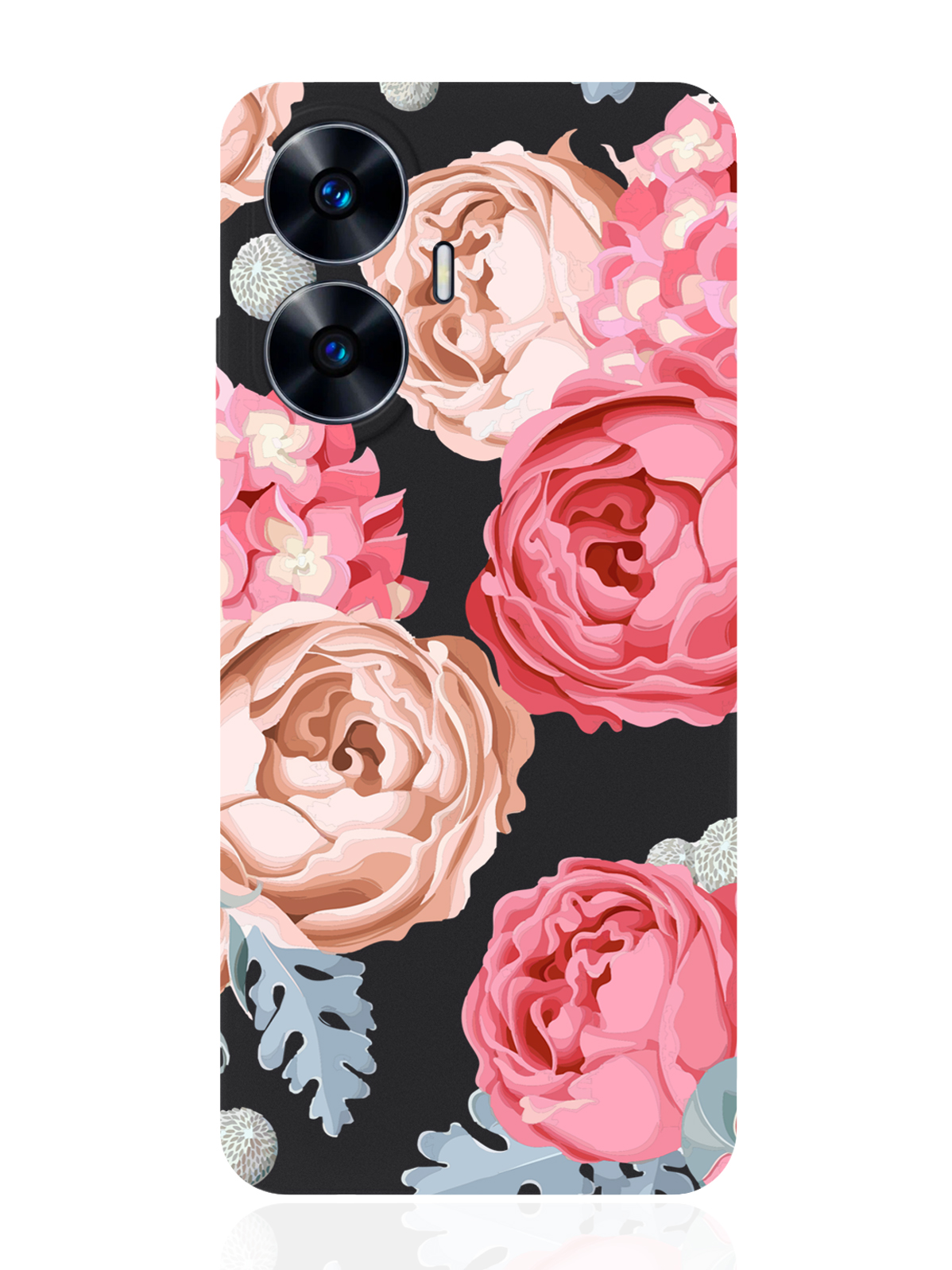 

Чехол для Realme C55 Пионы черный, Розовый