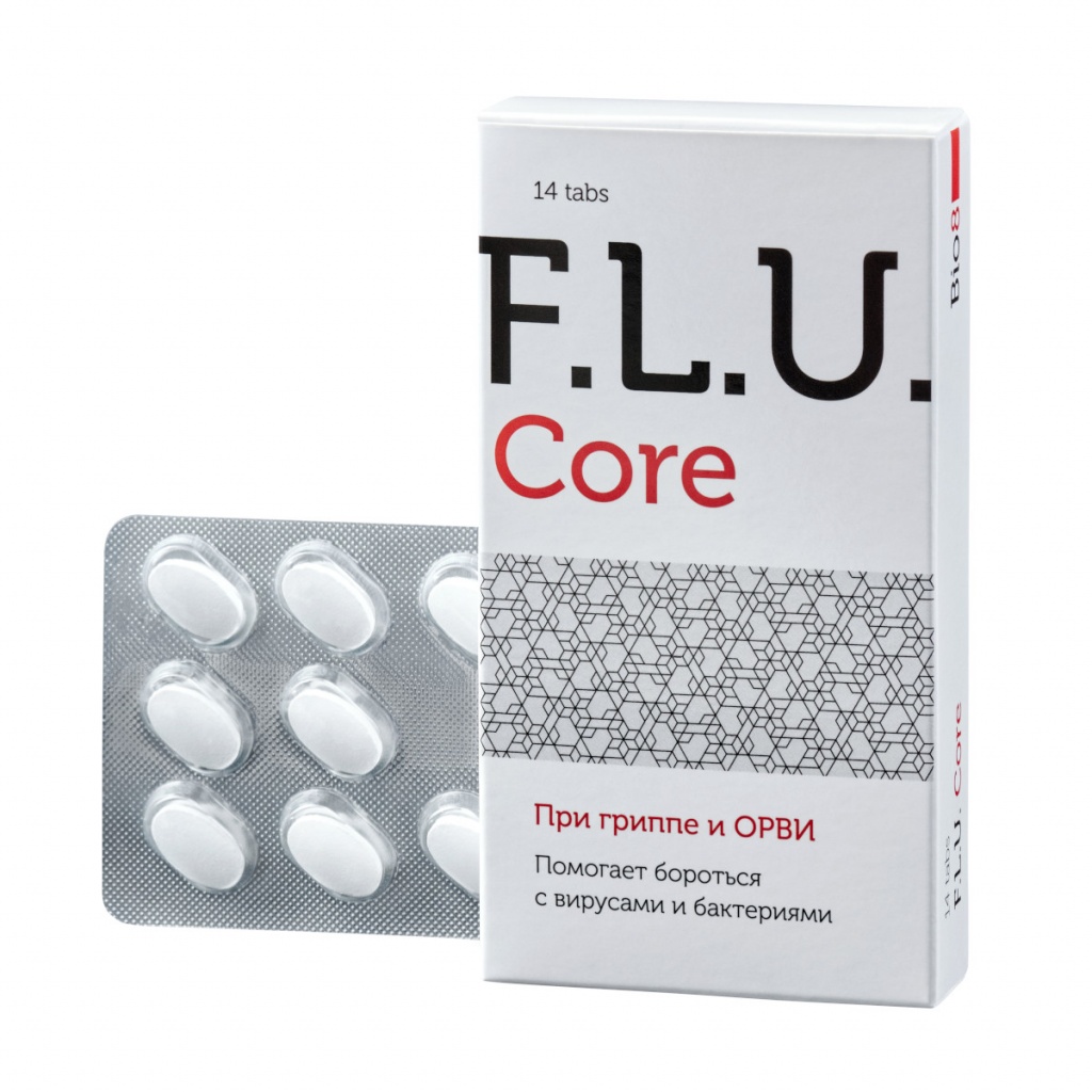 Купить F.L.U.Core, Противопростудное противовирусное антибактериальное средство Bio8 FLU Core таблетки 14 шт.