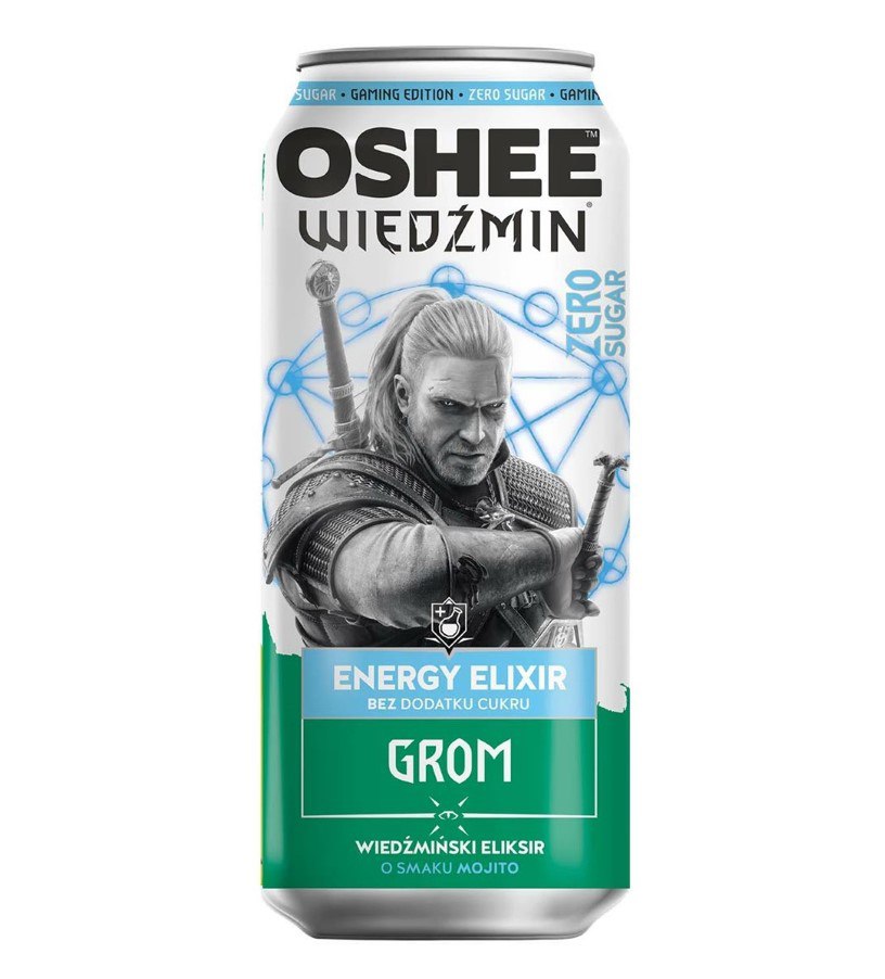 Oshee the witcher. Энергетик Ведьмак. Ведьмак напитки. Энергетический напиток Ведьмак Witcher Elixir без сахара. Эликсир Гром Ингредиенты.