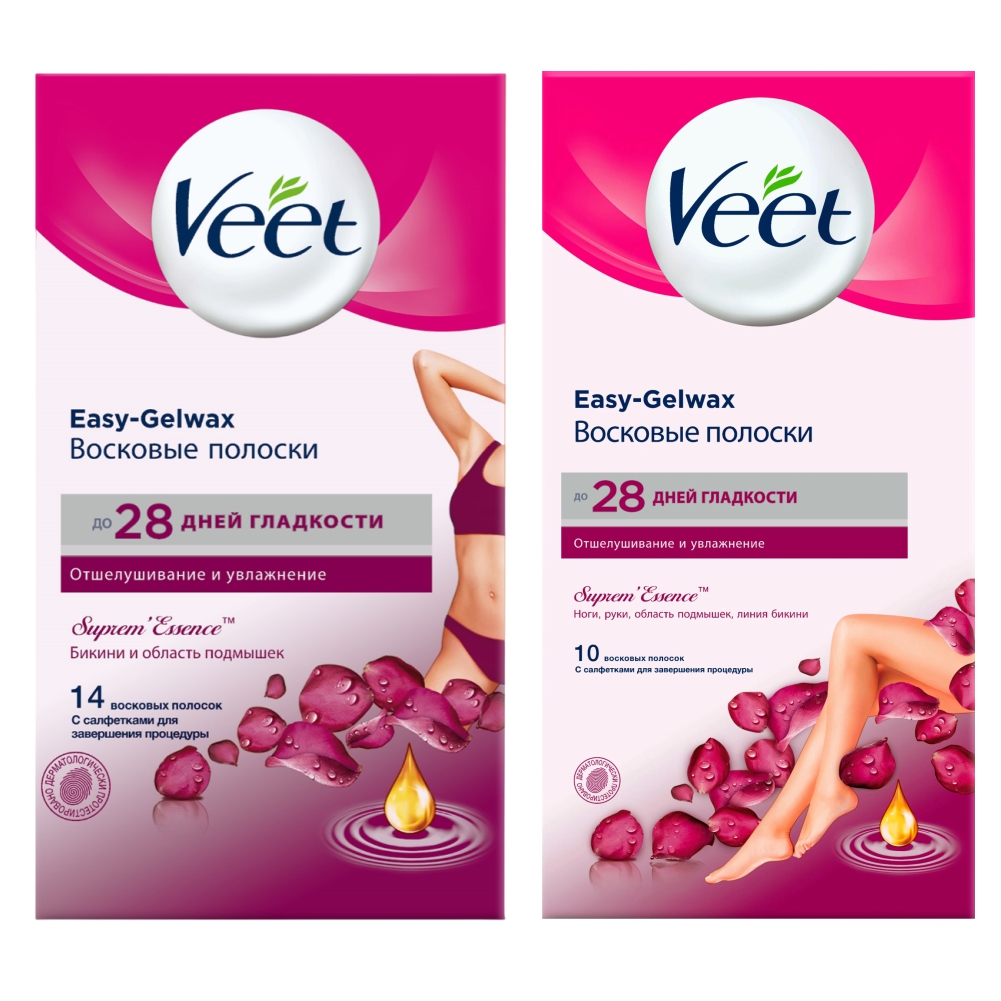 Набор Восковых полосок Veet для чувствительных участков тела 14 шт + с ароматом розы 10 шт