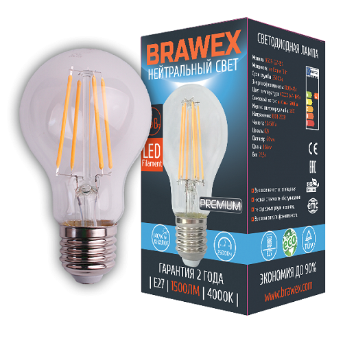 

Светодиодная лампа Brawex LED Filament A60 15W 4000K E27 A60F-E27-15N