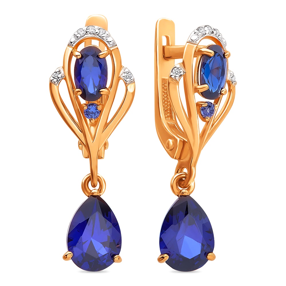 

Серьги подвески из красного золота 585Gold 102004639, сапфир искусственный/бриллиант, 102004639
