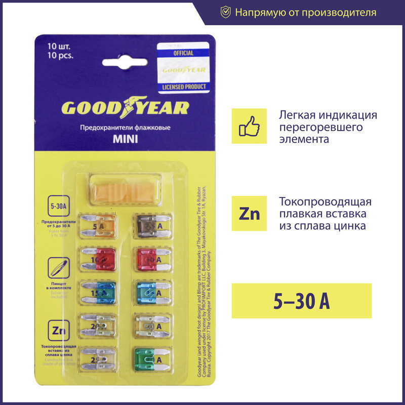 Набор предохранителей Goodyear Мини, флажковые 5-30A 10 шт. GY003051