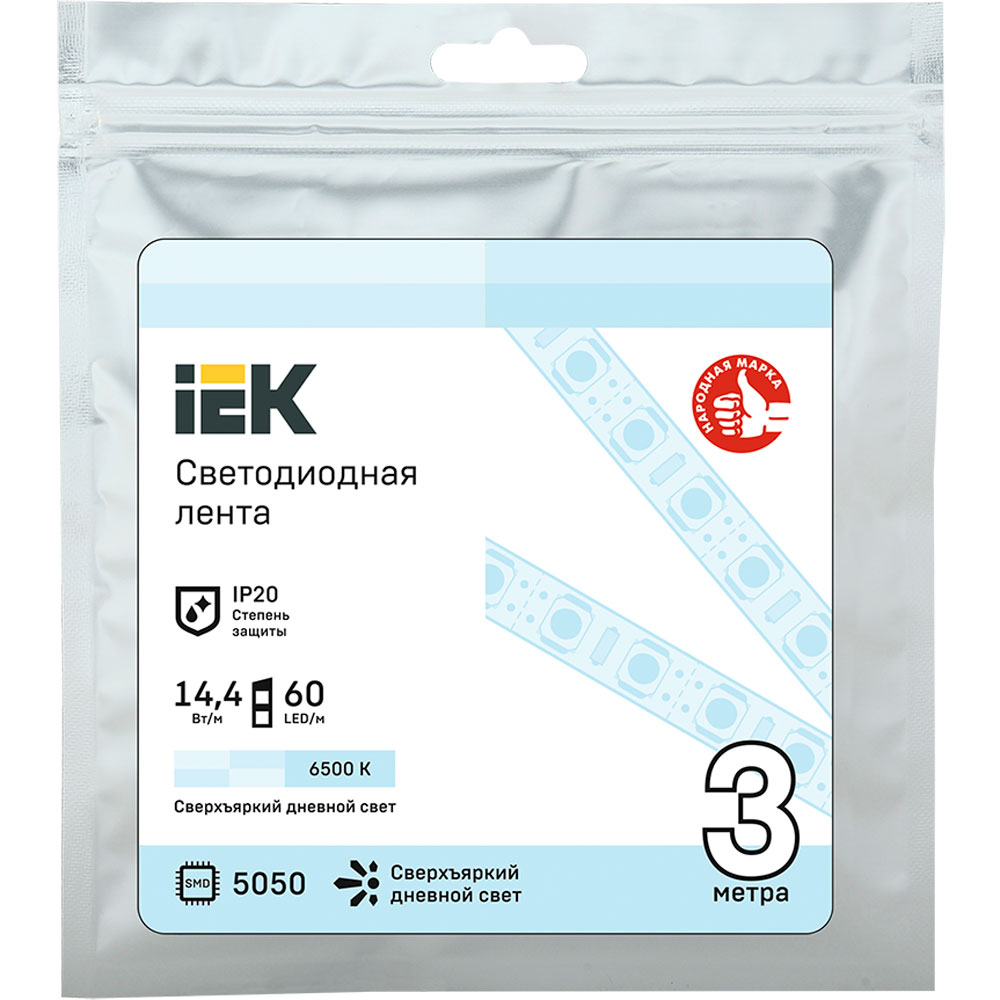 

Светодиодная лента iEK 12V IP20 SMD5050 14.4 Вт/м, 720 лм/м, 60 диодов на 1 метр, ширина 1