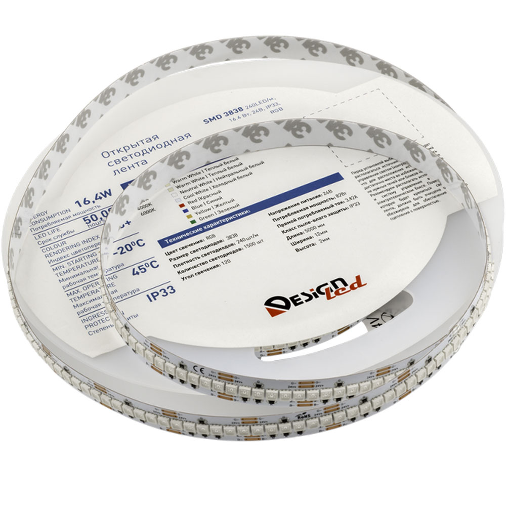 

Светодиодная лента DesignLed DSG8A240-24-RGB-33 24V IP33 SMD3838 16.4 Вт/м, 240 диодов на