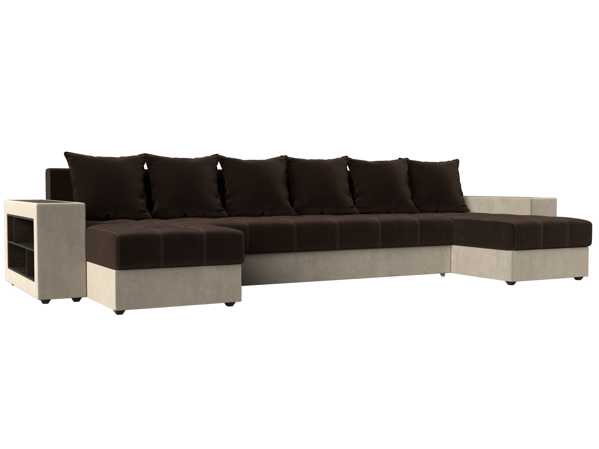 

П-образный диван Дубай полки слева микровельвет коричневый/бежевый, П-образный диван Дубай полки слева