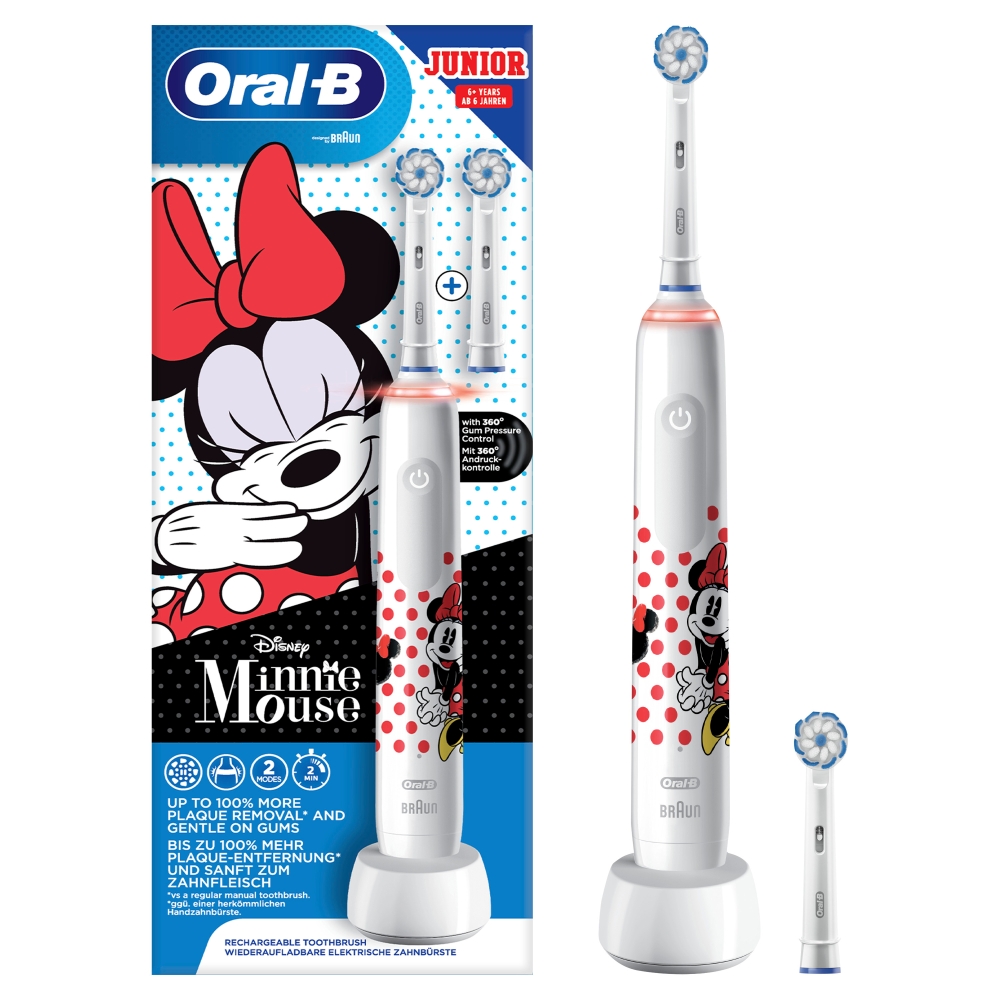 Детская электрическая зубная щетка Oral-B Pro 3 Junior Sensi Minnie Mouse D505.523.2K газонокосилка электрическая работа от аккумулятора patriot см432 32 см 30 л 25 75 мм 4000 об мин без акб и зу 250201432