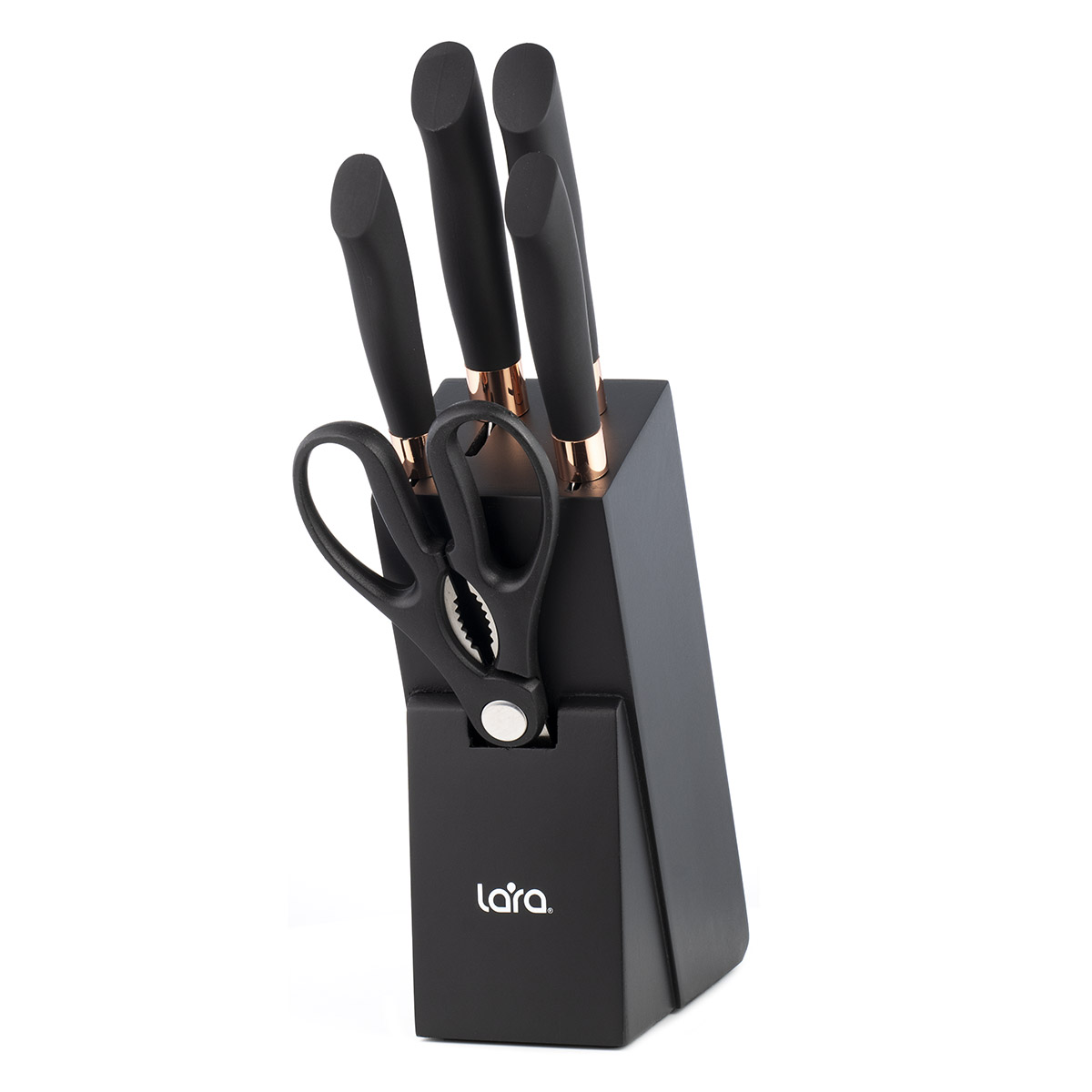Набор ножей LARA LR05-55 6 предметов: Подставка (сосна) +4 ножа (Soft touch, мед. больстер