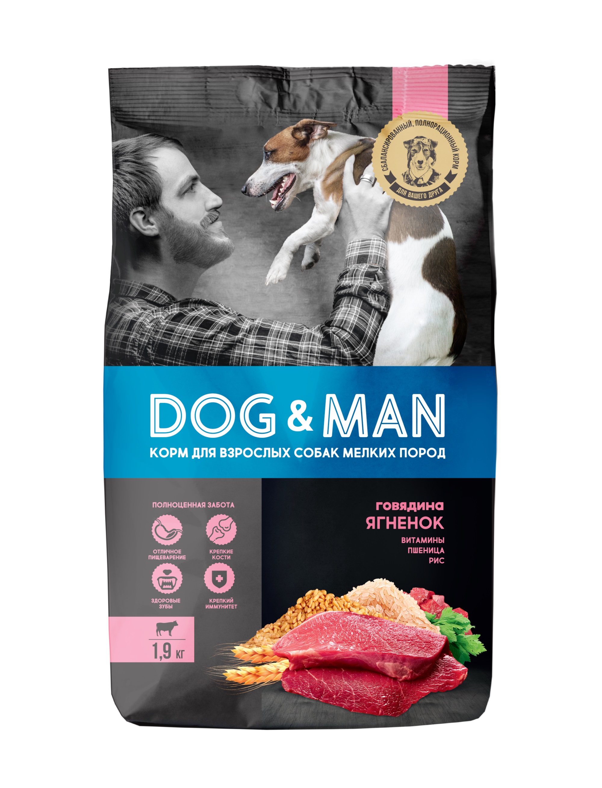 Сухой корм для собак Dog&Man, для мелких пород, говядина, ягненок, 1,9кг