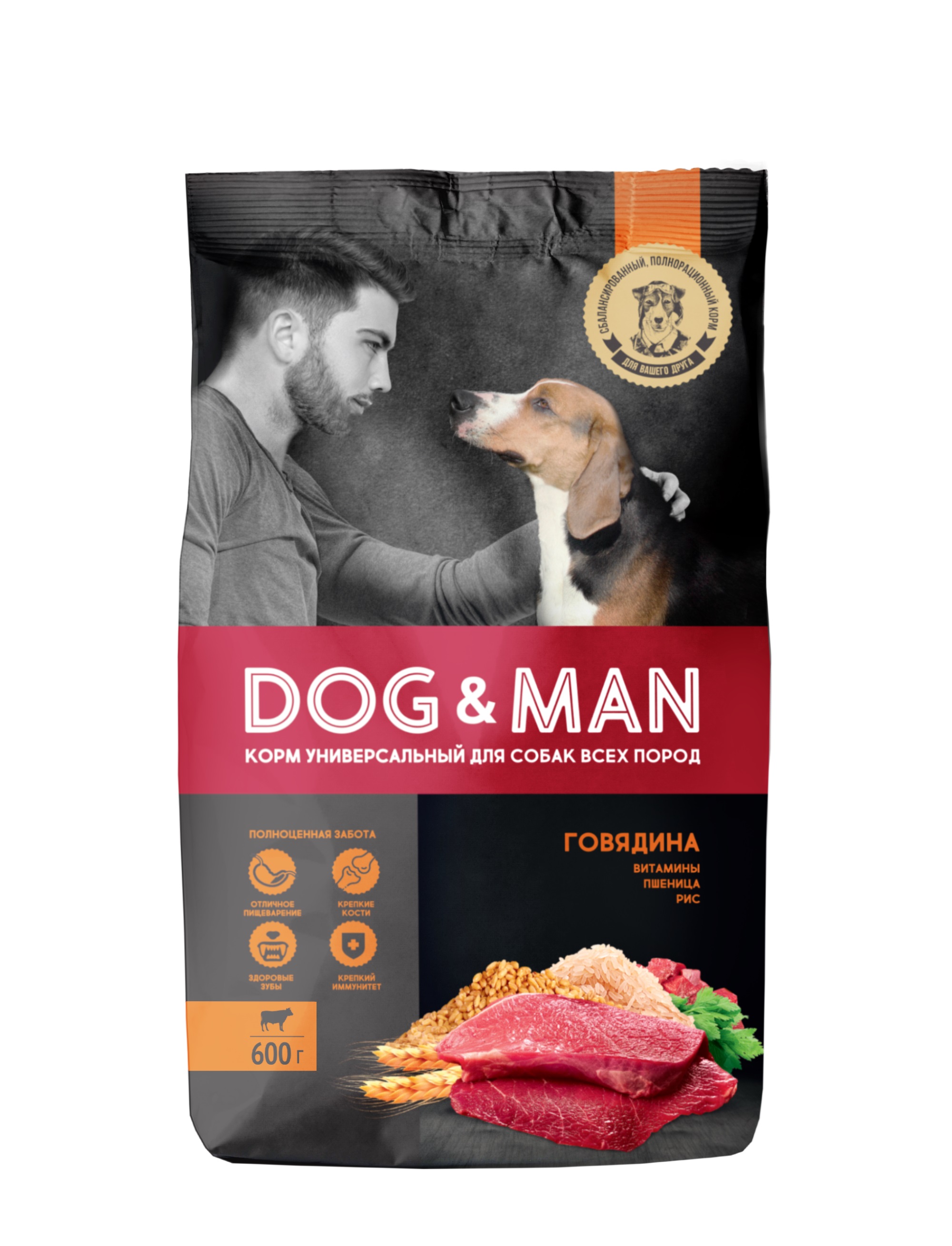 Сухой корм для собак Dog&Man для всех пород, говядина, 0,66кг
